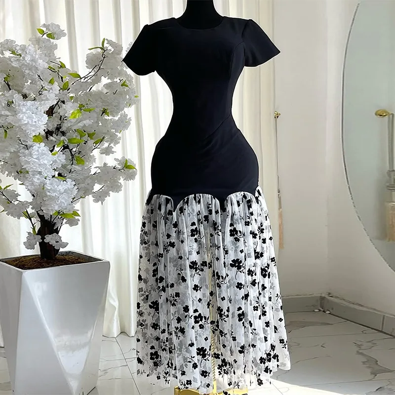 CM.YAYA Women Short Sleeve O-neck Mesh Floral Printed Long Maxi Bodycon Mermaid Dress 2025 Birthday Night Party Vestidos Dresses – Image 7