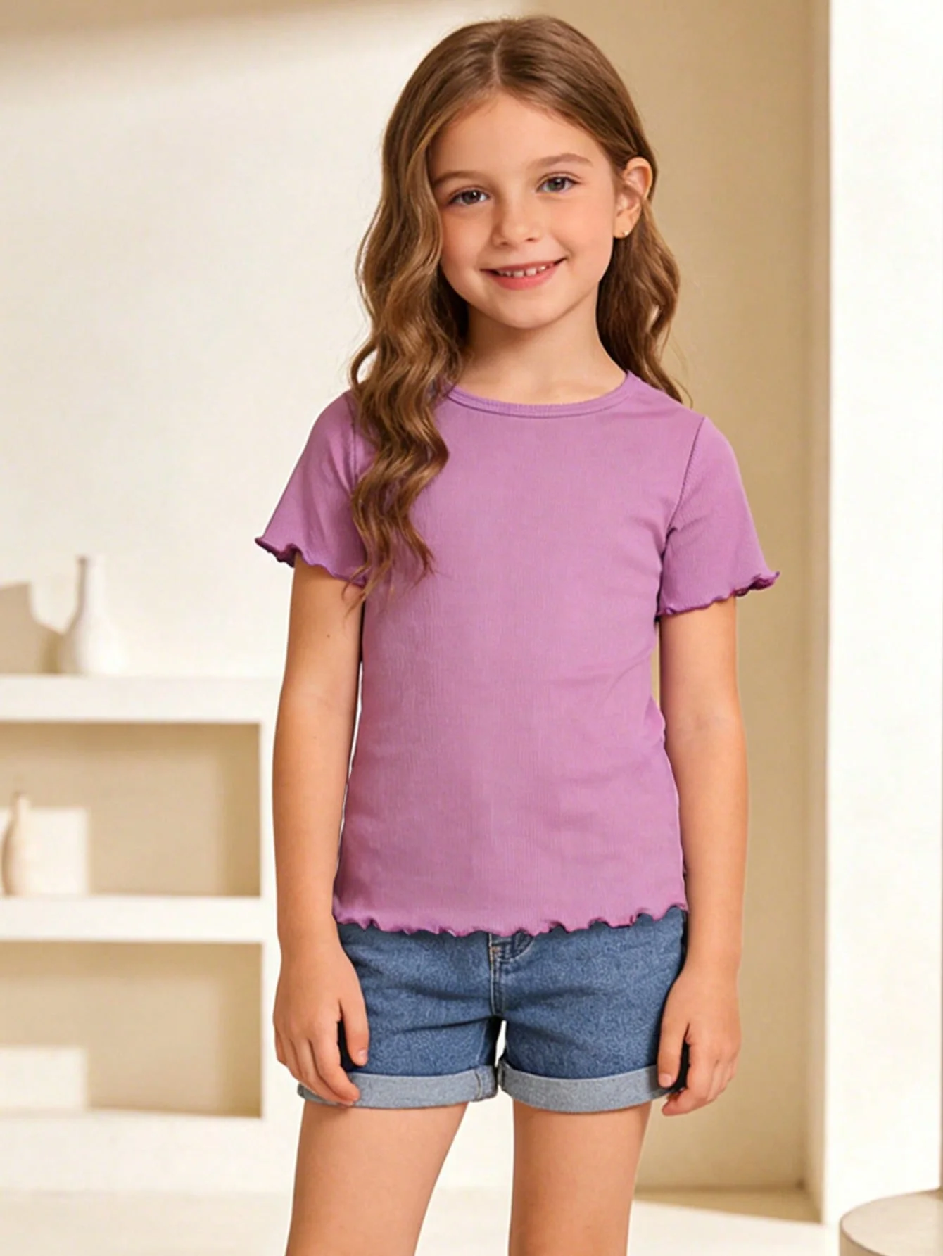 Ensemble de 4 pièces de T-shirts à manches courtes à bords ondulés rayés pour filles, doux et confortables pour filles, offrant fraîcheur et respirabilité – Image 2