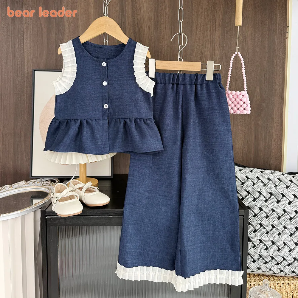 Ensemble deux pièces pour enfants Bear Leader, version coréenne, fille, bleu imitation denim, haut sans manches et pantalon large.