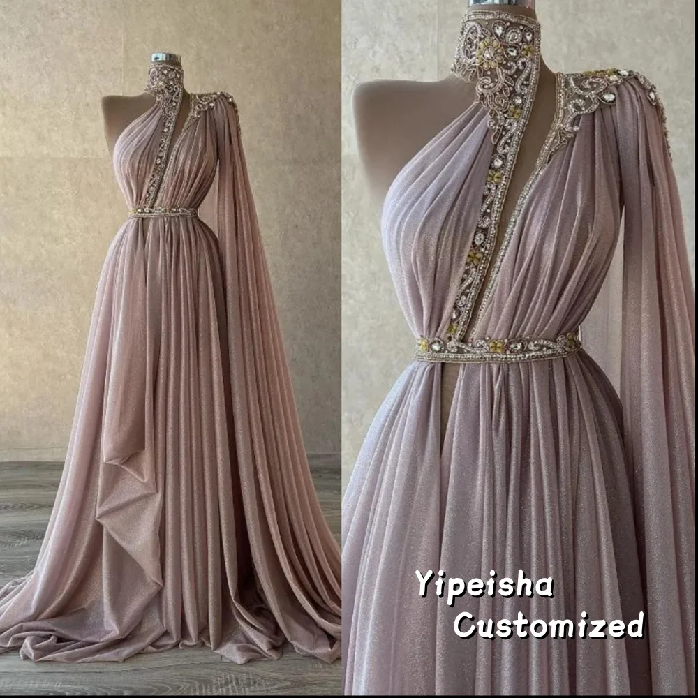 Customized High Neck Shawl Sheath Crystal Evening Dresses Floor Length Belt Sleeveless One-shoulder Elegant Prom Dress