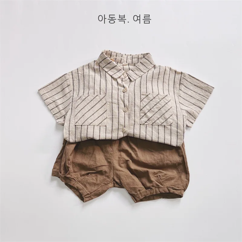 Ensemble rayé été 2026 pour bébé garçon, style coréen, chemise et short en coton et lin, style décontracté. – Image 3