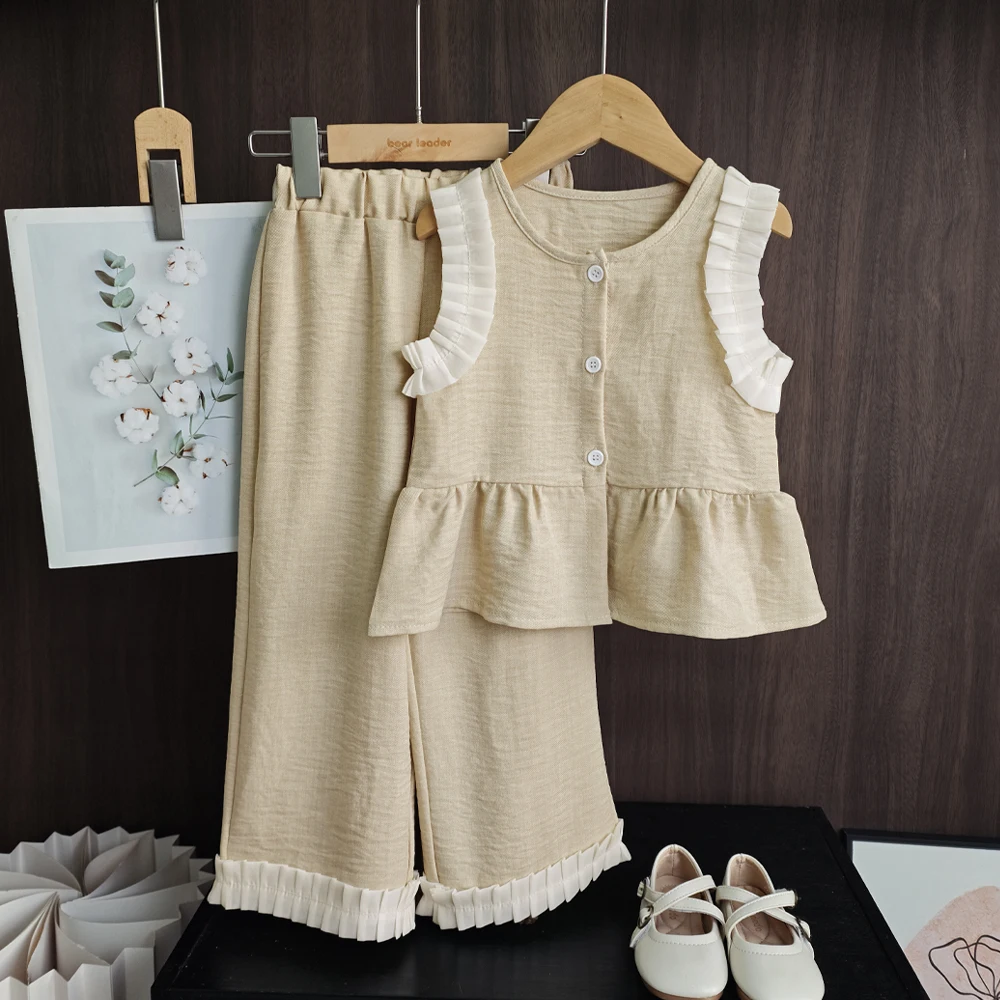 Ensemble deux pièces pour enfants Bear Leader, version coréenne, fille, bleu imitation denim, haut sans manches et pantalon large. – Image 9