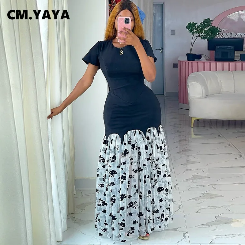 CM.YAYA Women Short Sleeve O-neck Mesh Floral Printed Long Maxi Bodycon Mermaid Dress 2025 Birthday Night Party Vestidos Dresses – Image 3