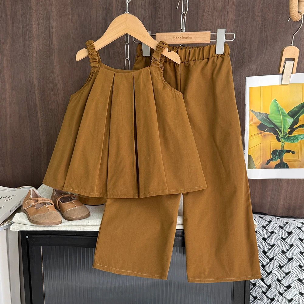 Ensemble Ours pour filles, version coréenne, été, t-shirt plissé kaki + pantalon long, deux pièces, tenues mode enfant unies – Image 11
