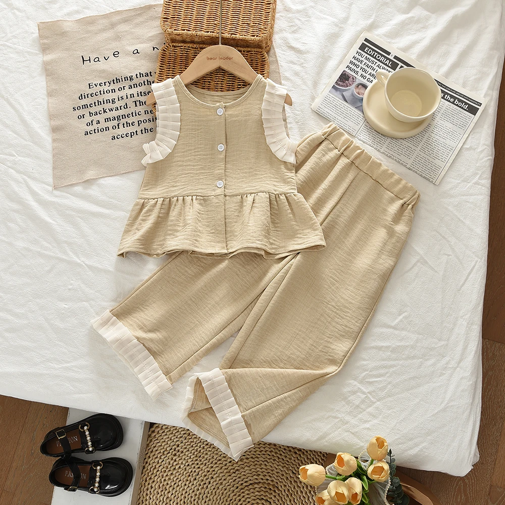 Ensemble deux pièces pour enfants Bear Leader, version coréenne, fille, bleu imitation denim, haut sans manches et pantalon large. – Image 14