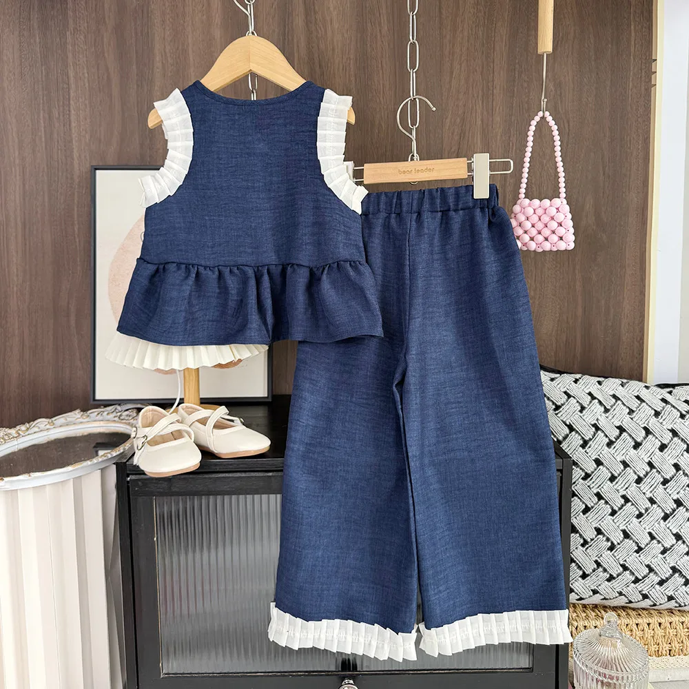 Ensemble deux pièces pour enfants Bear Leader, version coréenne, fille, bleu imitation denim, haut sans manches et pantalon large. – Image 2