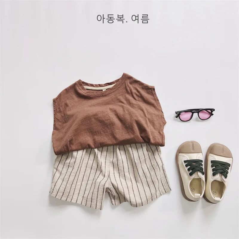 Ensemble rayé été 2026 pour bébé garçon, style coréen, chemise et short en coton et lin, style décontracté. – Image 4