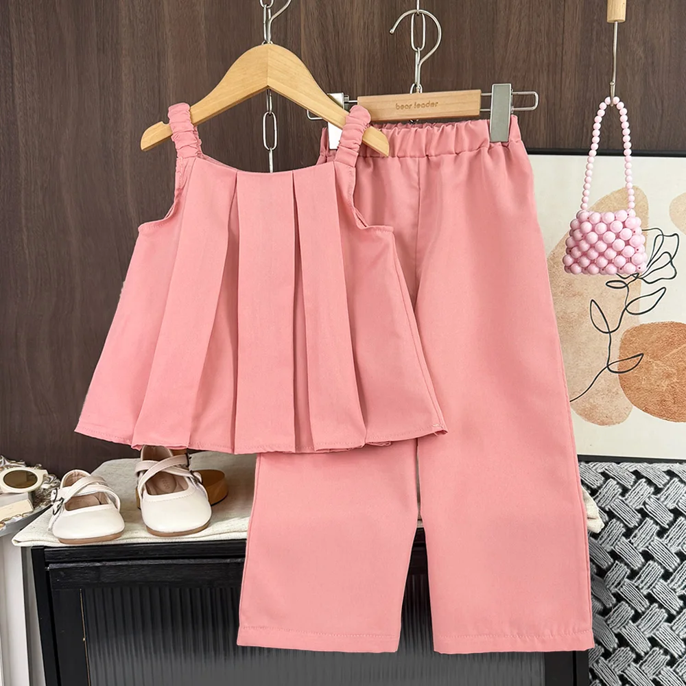Ensemble Ours pour filles, version coréenne, été, t-shirt plissé kaki + pantalon long, deux pièces, tenues mode enfant unies – Image 8