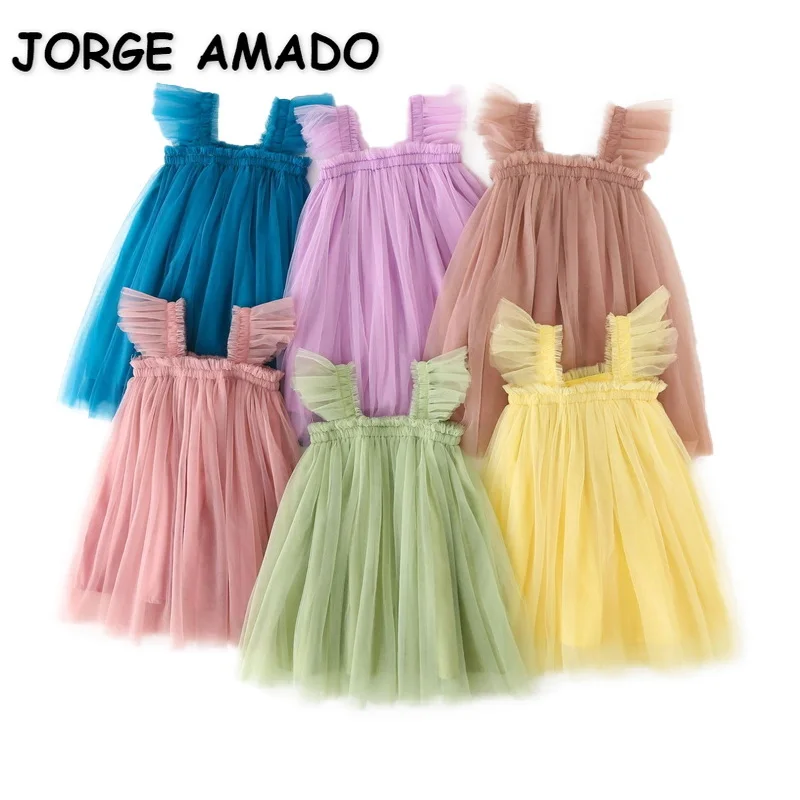 Robe d'été pour bébé fille, sans manches, col carré, jaune, violet, rose, bleu, vert, en maille, style princesse, vêtements pour enfants E2200