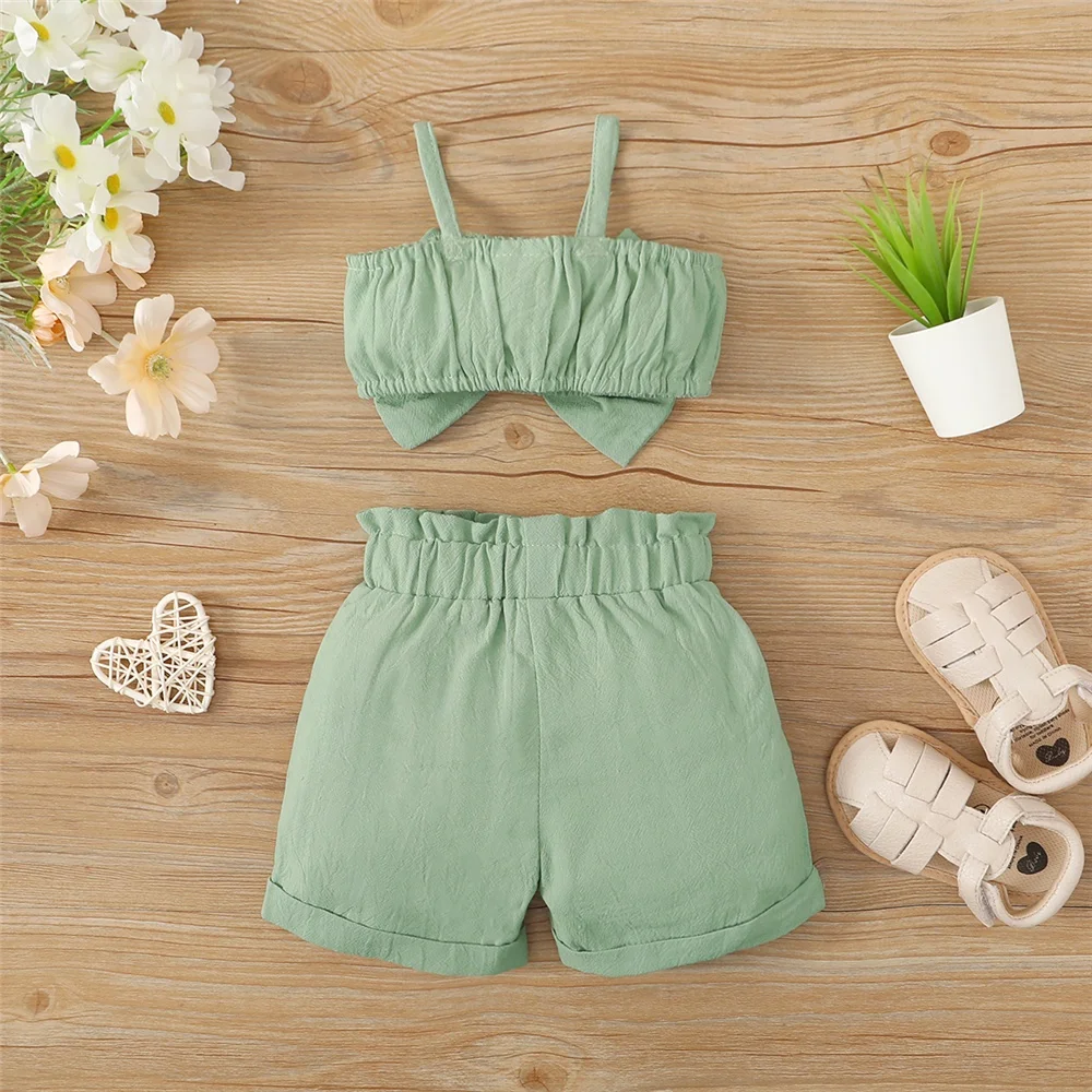 2PCS Ensemble de vêtements pour bébé fille Bébé Big Bow Sans manches Bretelle Top+Short Tenue de mode d'été pour tout-petit fille 3-24 mois – Image 5