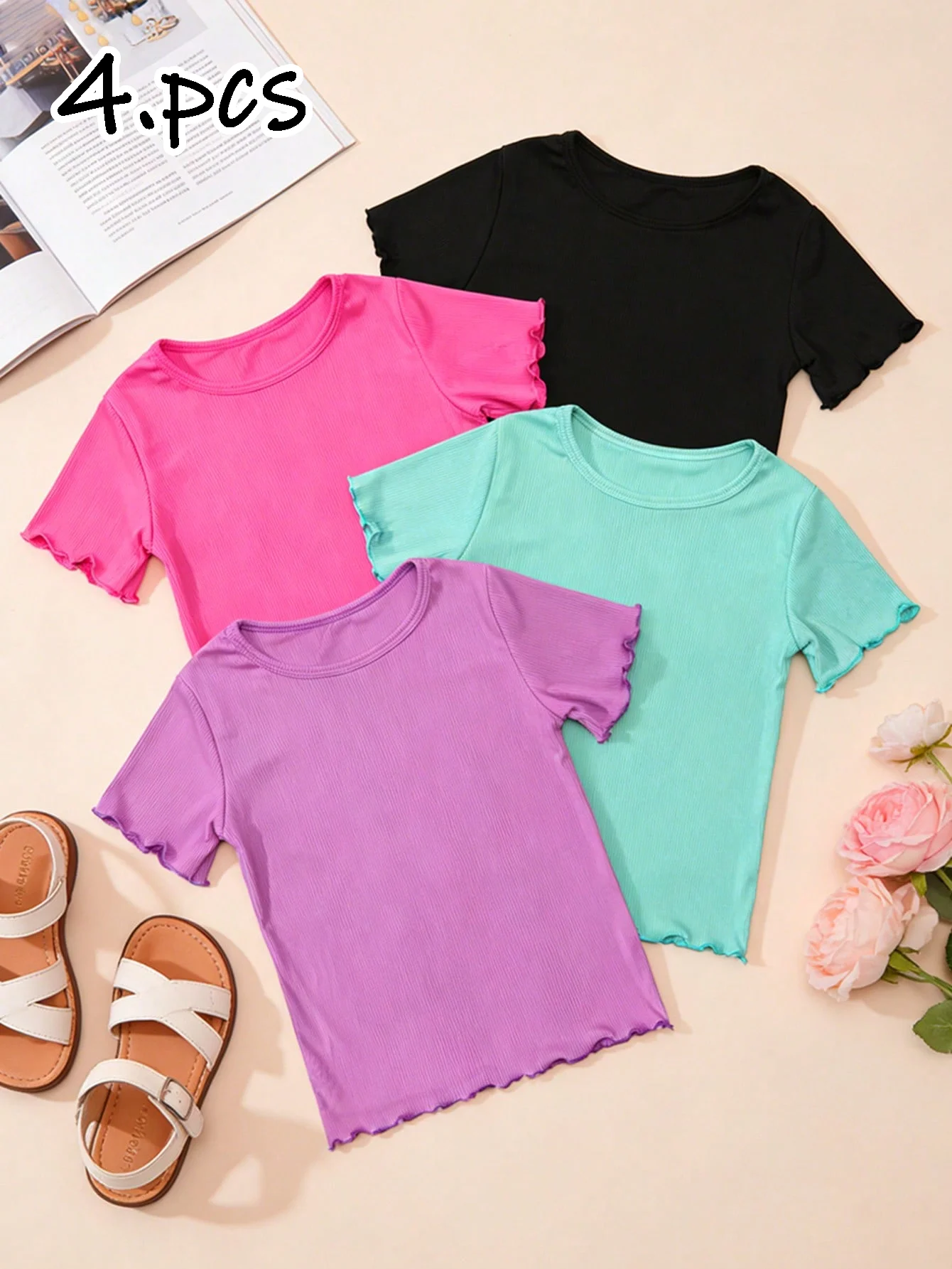 Ensemble de 4 pièces de T-shirts à manches courtes à bords ondulés rayés pour filles, doux et confortables pour filles, offrant fraîcheur et respirabilité