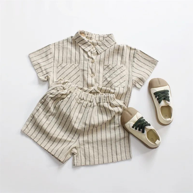 Ensemble rayé été 2026 pour bébé garçon, style coréen, chemise et short en coton et lin, style décontracté. – Image 2