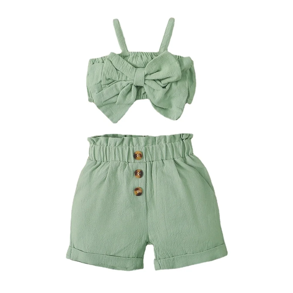 2PCS Ensemble de vêtements pour bébé fille Bébé Big Bow Sans manches Bretelle Top+Short Tenue de mode d'été pour tout-petit fille 3-24 mois – Image 6