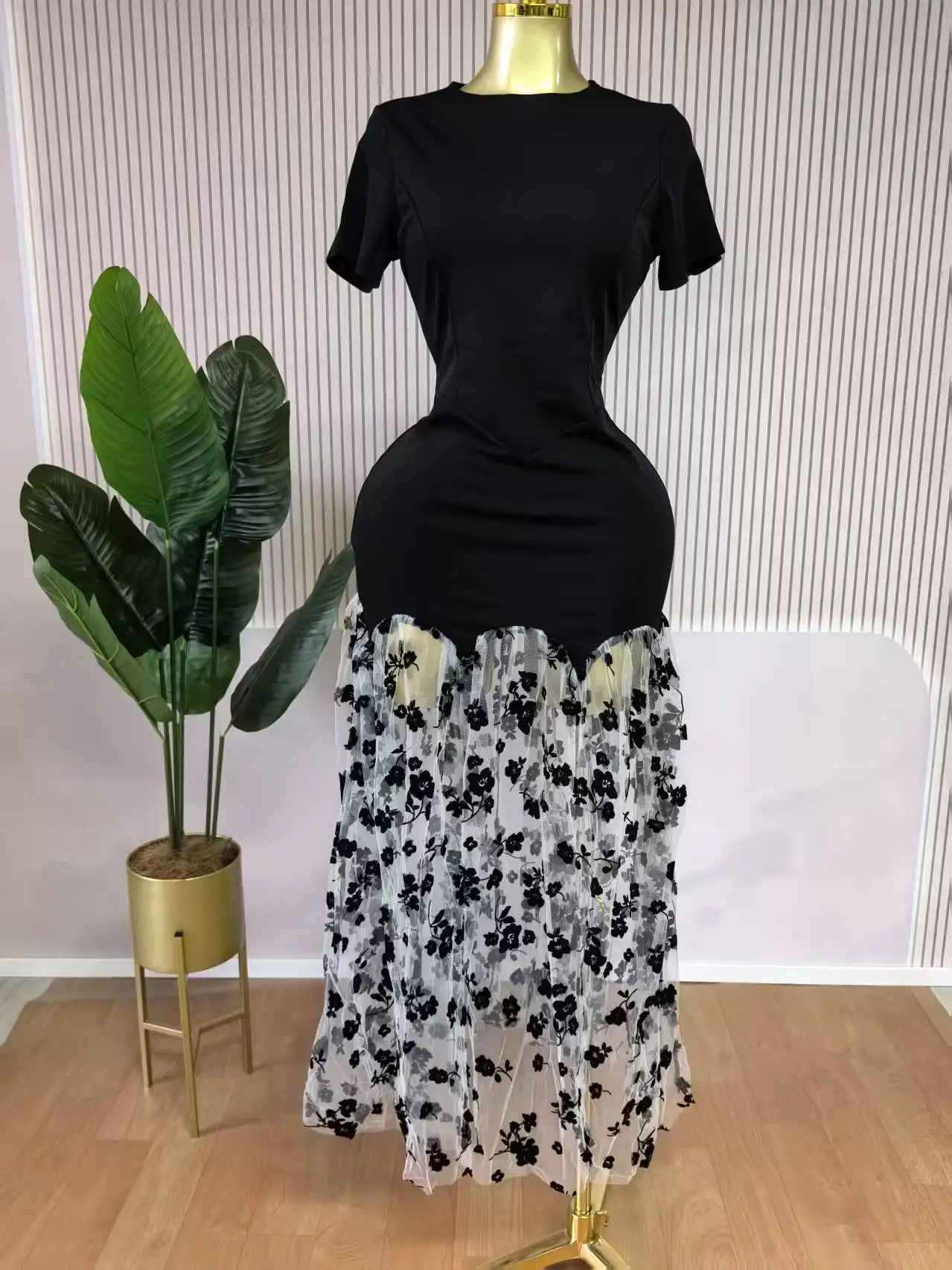 CM.YAYA Women Short Sleeve O-neck Mesh Floral Printed Long Maxi Bodycon Mermaid Dress 2025 Birthday Night Party Vestidos Dresses – Image 5