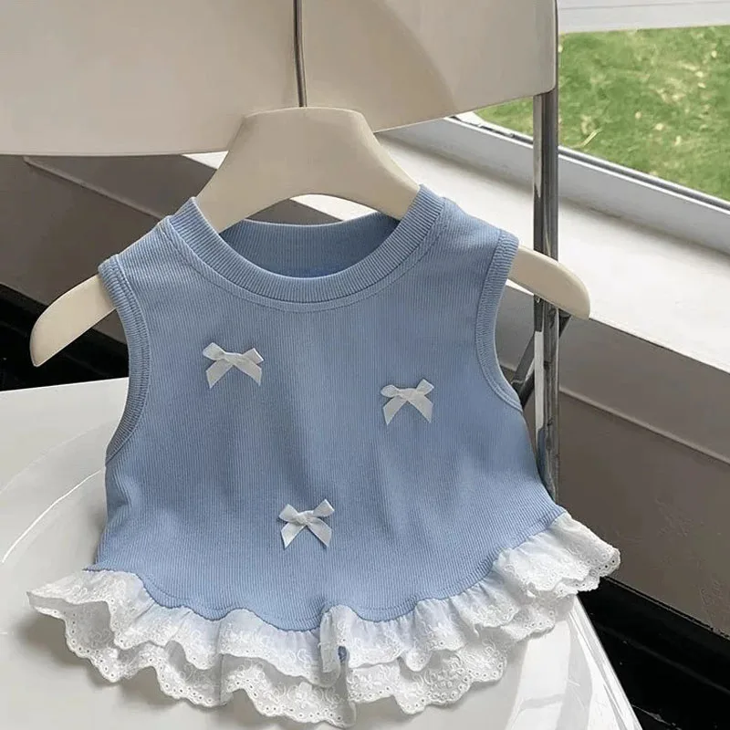 1pcs Été Filles Version coréenne Tops doux Gilet d'arc pour enfants Enfant Casual Couleur unie T-shirt sans manches Bébé Vêtements de mode