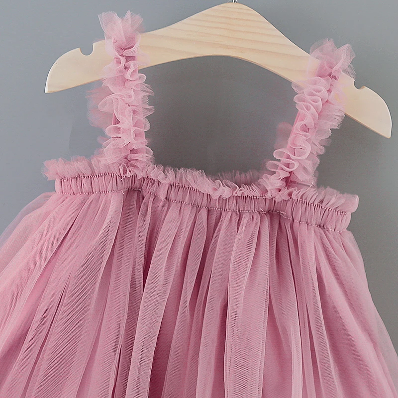 Robe en tulle pour bébé fille, ravissante robe d'été unie plissée sans manches, robe tutu de fête pour enfant, vêtements roses de baptême de princesse – Image 4