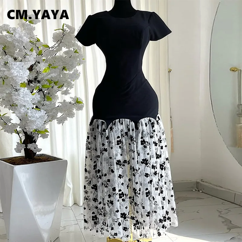 CM.YAYA Women Short Sleeve O-neck Mesh Floral Printed Long Maxi Bodycon Mermaid Dress 2025 Birthday Night Party Vestidos Dresses – Image 2