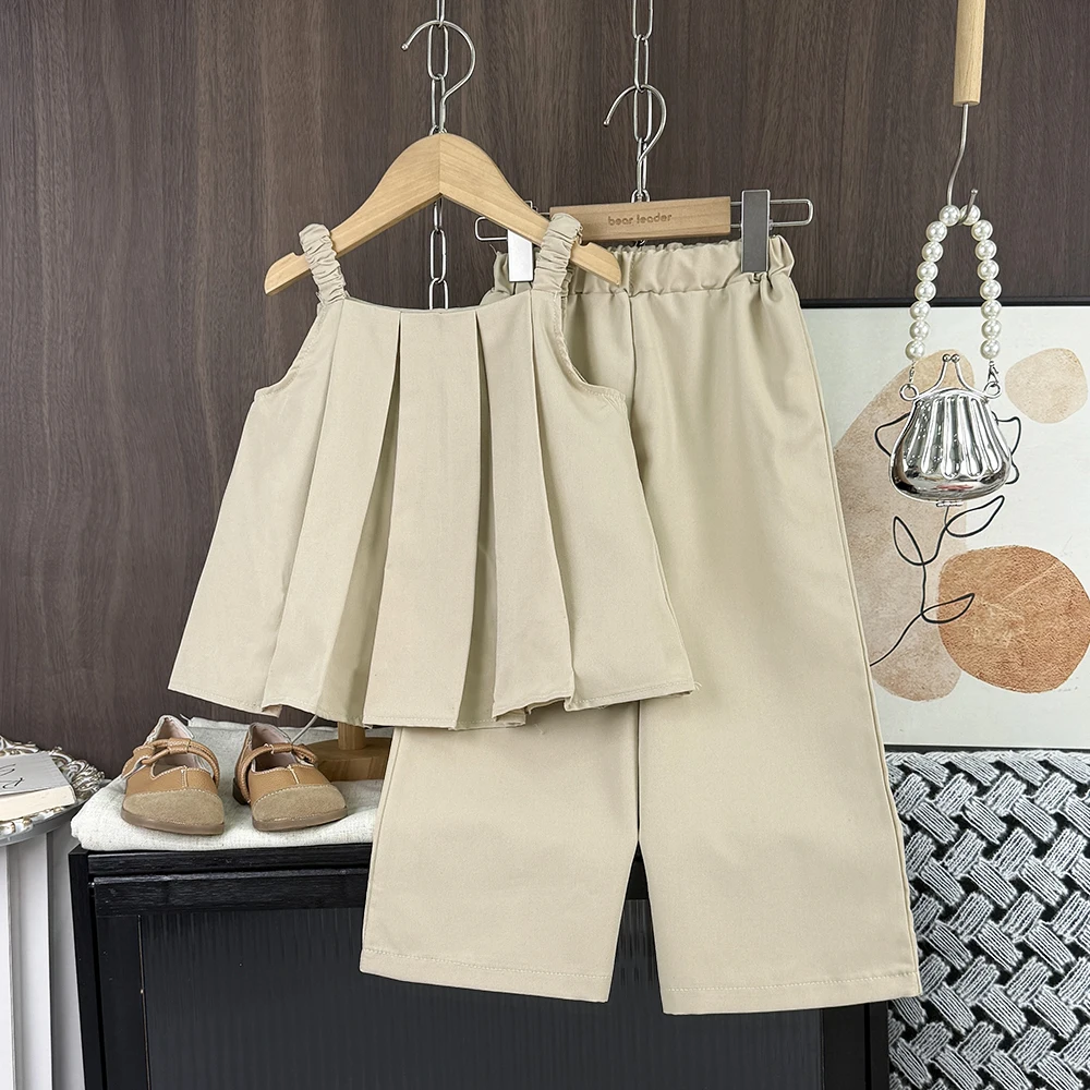 Ensemble Ours pour filles, version coréenne, été, t-shirt plissé kaki + pantalon long, deux pièces, tenues mode enfant unies – Image 10