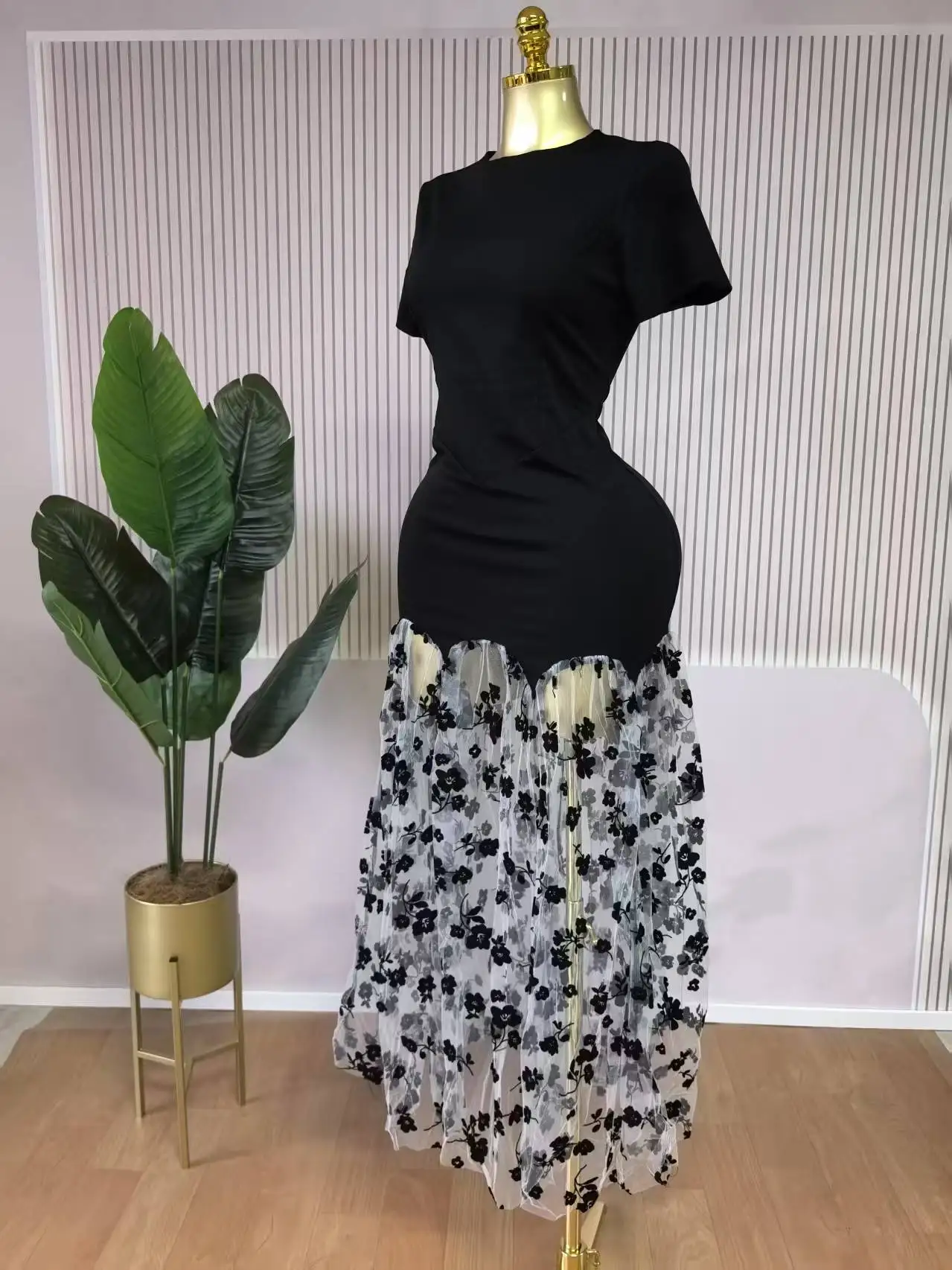 CM.YAYA Women Short Sleeve O-neck Mesh Floral Printed Long Maxi Bodycon Mermaid Dress 2025 Birthday Night Party Vestidos Dresses – Image 6