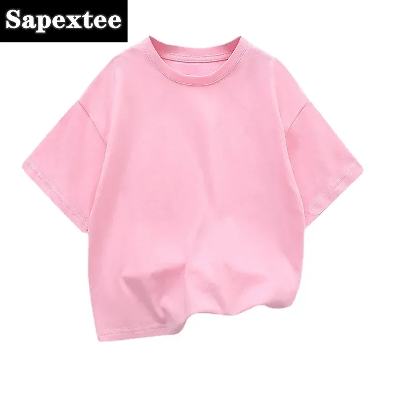 Kids Dropped Shoulder Short-sleeved T-shirt Summer New Pure Cotton Round Neck Loose Bottoming Shirt Student Sportswear 2-10Y