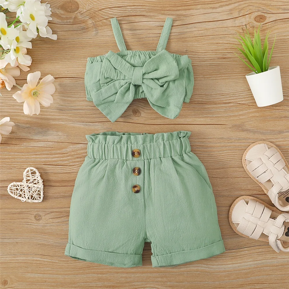 2PCS Ensemble de vêtements pour bébé fille Bébé Big Bow Sans manches Bretelle Top+Short Tenue de mode d'été pour tout-petit fille 3-24 mois