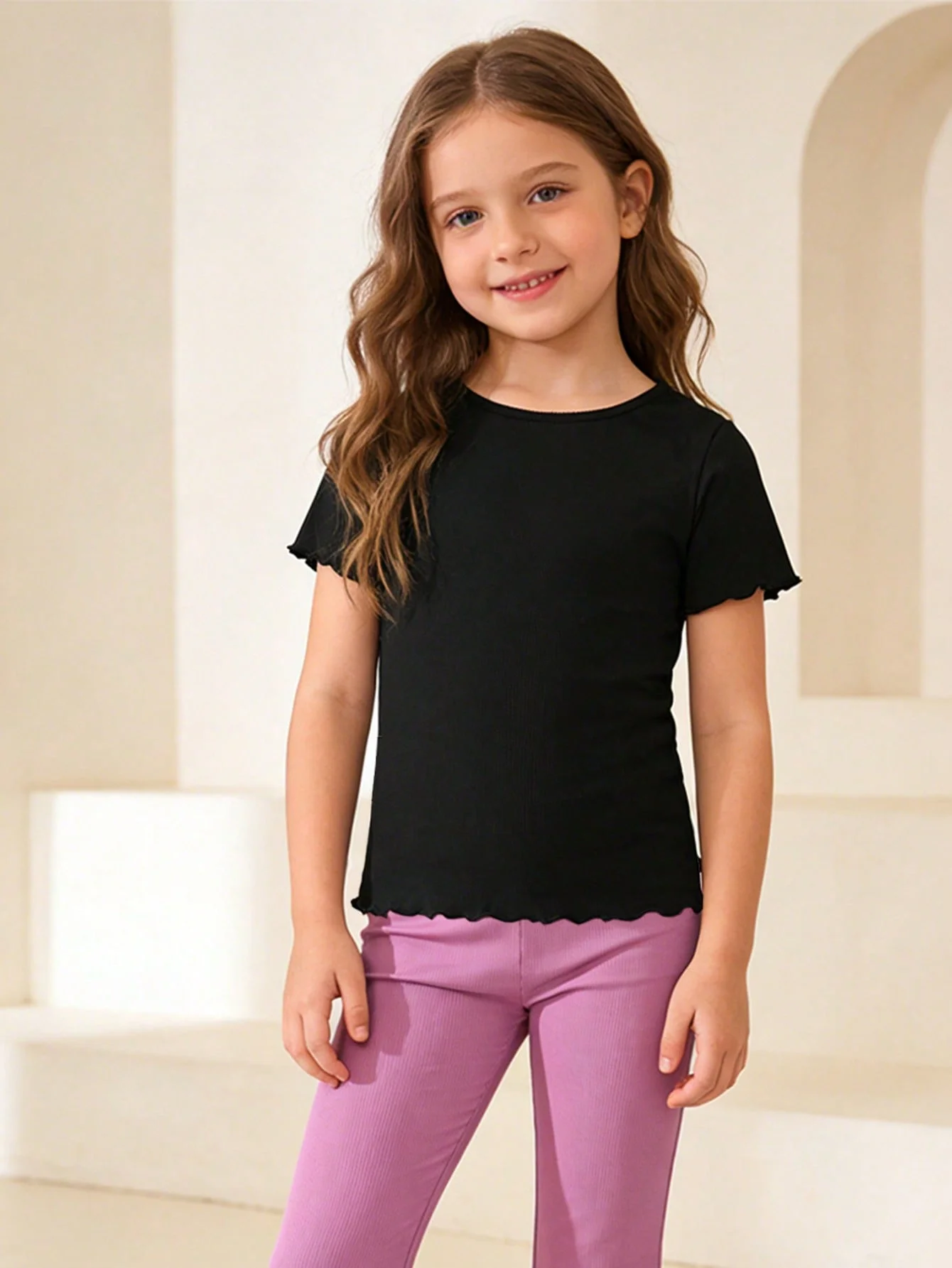 Ensemble de 4 pièces de T-shirts à manches courtes à bords ondulés rayés pour filles, doux et confortables pour filles, offrant fraîcheur et respirabilité – Image 6