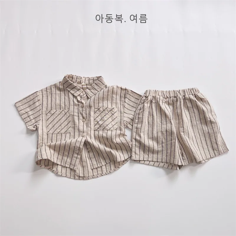Ensemble rayé été 2026 pour bébé garçon, style coréen, chemise et short en coton et lin, style décontracté. – Image 6