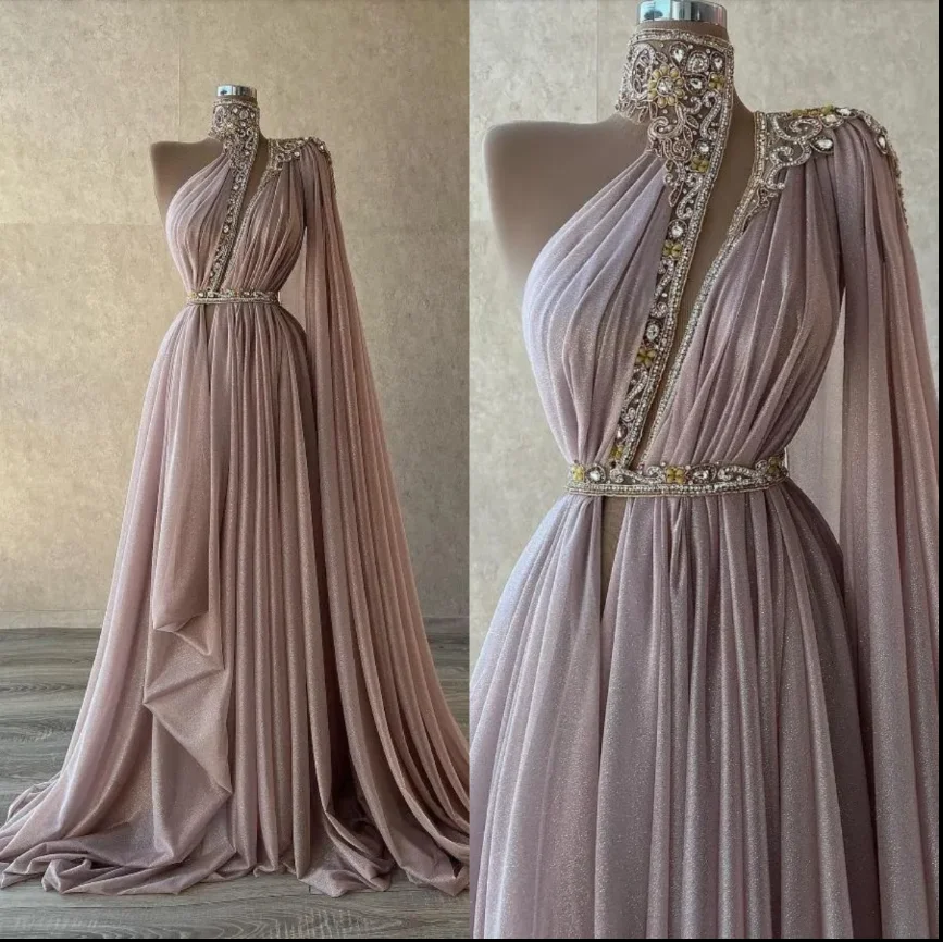 Customized High Neck Shawl Sheath Crystal Evening Dresses Floor Length Belt Sleeveless One-shoulder Elegant Prom Dress – Image 2
