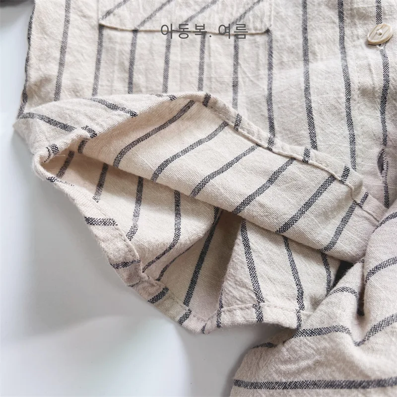 Ensemble rayé été 2026 pour bébé garçon, style coréen, chemise et short en coton et lin, style décontracté. – Image 5