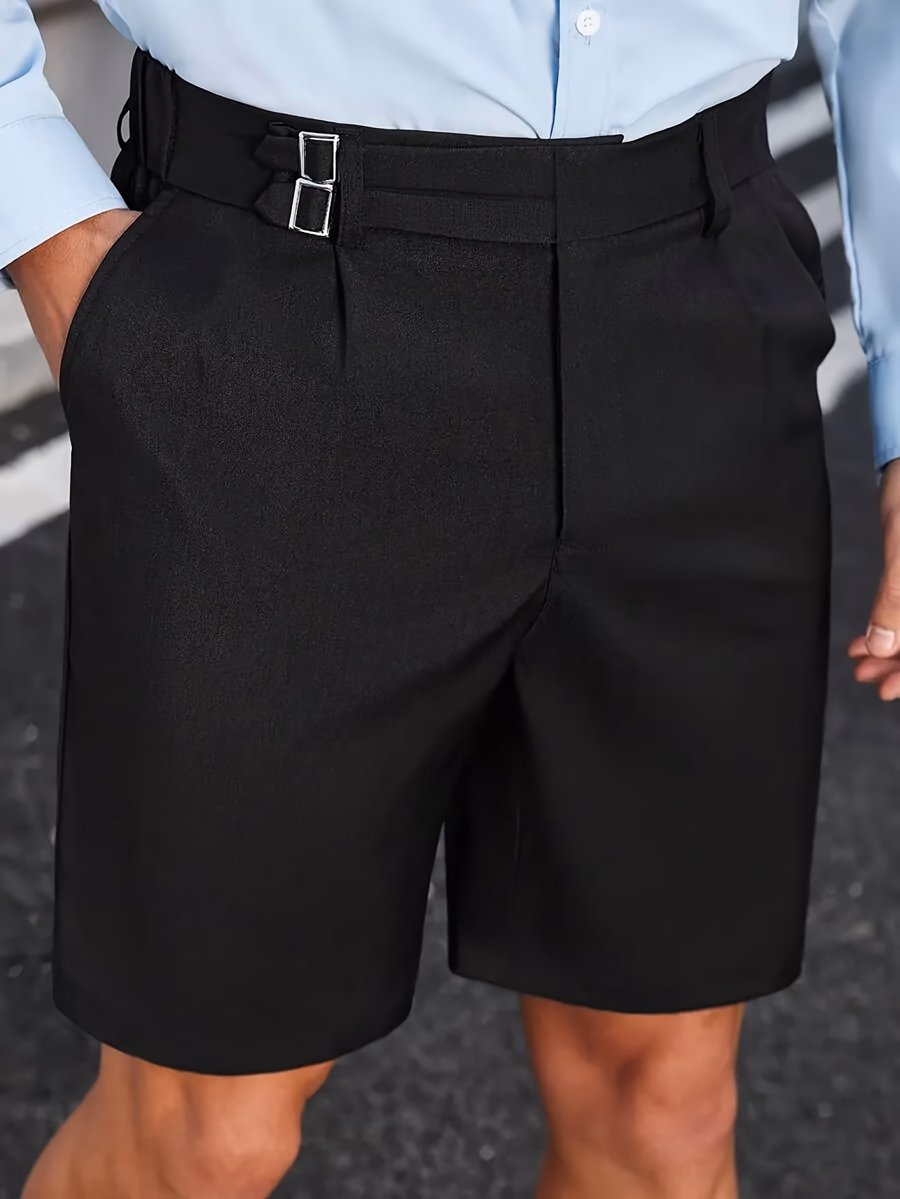 Shorts plissés décontractés pour hommes, pantalon de costume, shorts à fermeture éclair taille haute avec ceinture ajustable, adaptés aux affaires formelles, aux rendez-vous et à un usage quotidien – Image 2