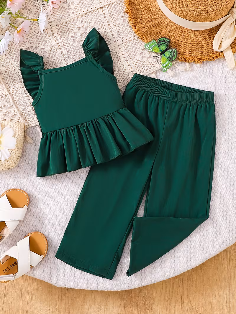 2pcs 1- Ensemble pour bébés filles, haut à manches bouffantes et volants de couleur unie, dos orné d'un nœud, pantalon long en tissu tissé, pour l'extérieur – Image 7