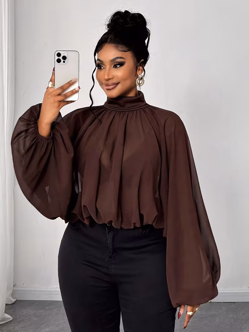 Grande Taille - Grande Taille - Grande Taille Femme Élégante Couleur Unie Col Montant Manches Lanternes Chemise Ample Crantée, Automne – Image 3