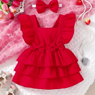 Robe d'été "Nouvelle" pour bébé, jolie salopette pour filles avec col carré, nœud et jupe à volants multicouche, riche robe à couches pour enfants, jupe confortable pour nouveau-né - Robe de mode pour bébés, robe vive pour filles, robe esthétique pour bébé