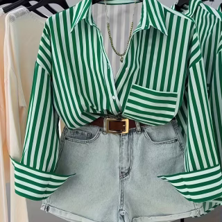 Nouvelle Mode Chemise Femme à Manches Longues en Satin Rayé, Col Boutonné, Blouse à Rayures, Chemise pour Tenue Quotidienne, Chemise Printemps Été Automne, Chemise Boutonnée, Haut Tendance