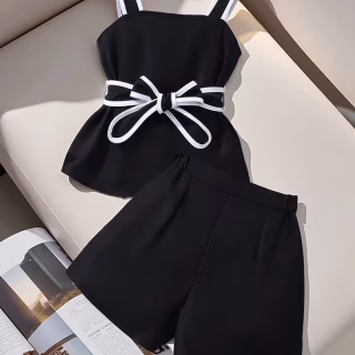 un ensemble deux pièces pour filles comprenant un débardeur noir avec des bretelles blanches et un design de ceinture, associé à un short, parfait pour un trajet d'été minimaliste, pour l'extérieur.