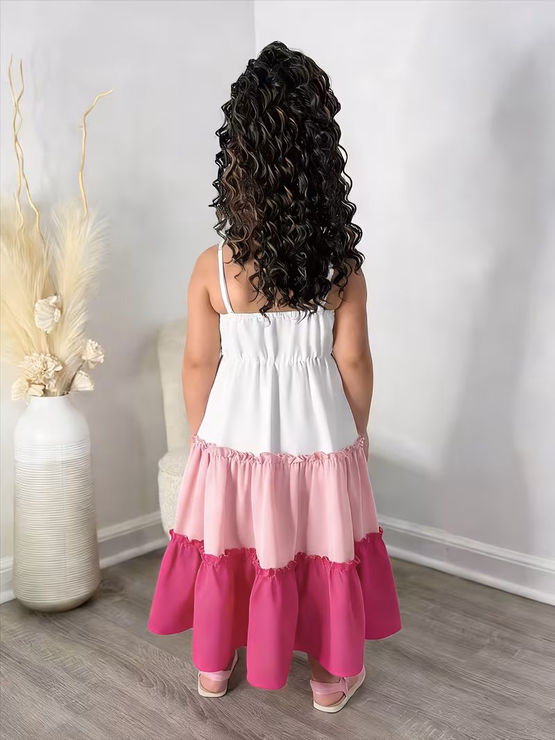Robe débardeur d'été pour fille à blocs de couleur, robe de princesse avec nœud, cadeau d'anniversaire et de fêtes pour enfants, vêtement d'extérieur décontracté pour enfant de style mignon et doux, vêtement pour petite fille élégant, à la mode, respirant et confortable – Image 3