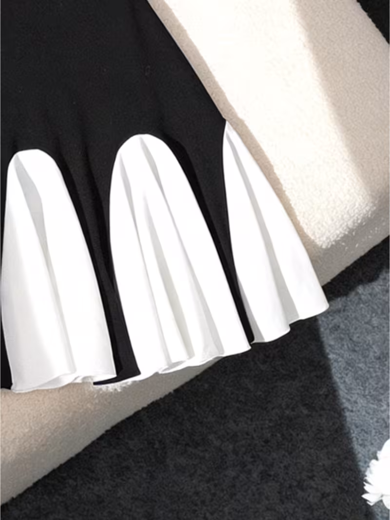 Robe d'été pour filles, mode printemps, noir et blanc contrasté, épaules dénudées asymétriques, ourlet jupe parapluie, idéale pour les sorties quotidiennes, tenue décontractée, cadeau parfait. Robe pour filles de 7 à 14 ans. Style vacances. – Image 4