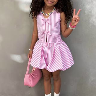 Ensemble 2 pièces pour fille : haut court et jupe bulles style urbain d'été, parfait pour la rentrée scolaire. Ensemble 2 pièces pour fille : cardigan rayé sans manches à nœud + jupe bouton de rose. Tenue d'été style académique frais pour les petites filles d'âge moyen et plus âgées pour les sorties