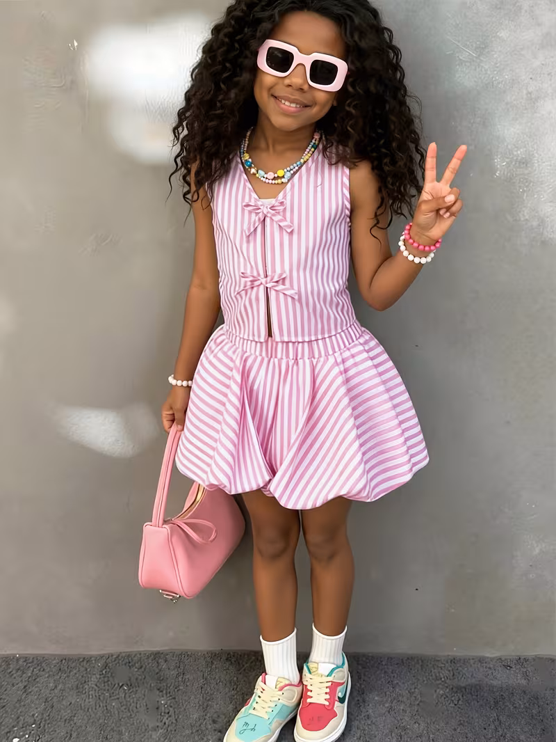 Ensemble 2 pièces pour fille : haut court et jupe bulles style urbain d'été, parfait pour la rentrée scolaire. Ensemble 2 pièces pour fille : cardigan rayé sans manches à nœud + jupe bouton de rose. Tenue d'été style académique frais pour les petites filles d'âge moyen et plus âgées pour les sorties