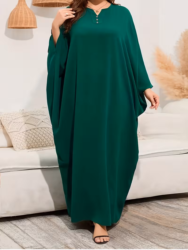 ouvrésRobe Kaftan Femme à Manches Batwing pour Ramadan - Robe Maxi Unie avec Col Rond, Lavable en Machine & Confort Toutes Saisons, Style Traditionnel Ajusté pour Occasions Décontractées et Formelles, Vêtement Modeste Musulman, Silhouette Élégante, Tissu de Qualité – Image 4