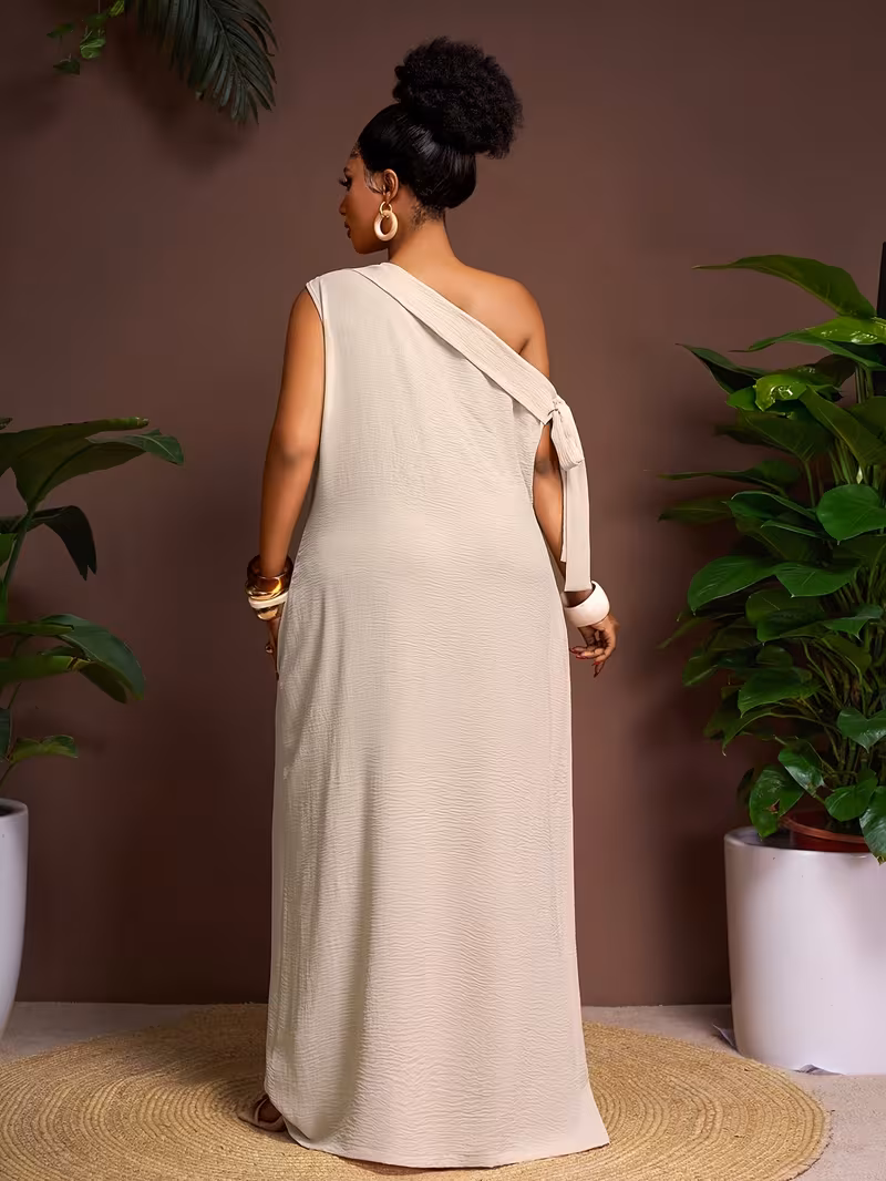 Grande Taille - jupe Longue Texturée Épaules Biais Printemps Été Grande Taille avec Décoration de Nœud, Décontractée Ample et Robe – Image 3