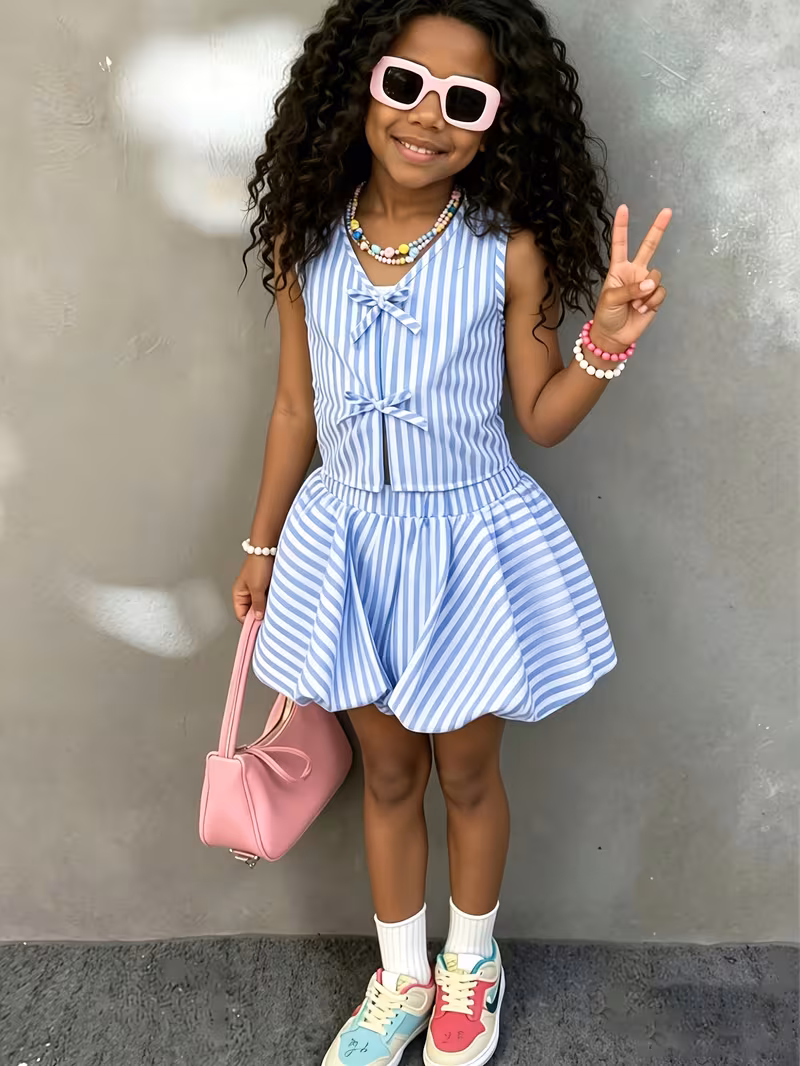 Ensemble 2 pièces pour fille : haut court et jupe bulles style urbain d'été, parfait pour la rentrée scolaire. Ensemble 2 pièces pour fille : cardigan rayé sans manches à nœud + jupe bouton de rose. Tenue d'été style académique frais pour les petites filles d'âge moyen et plus âgées pour les sorties – Image 5