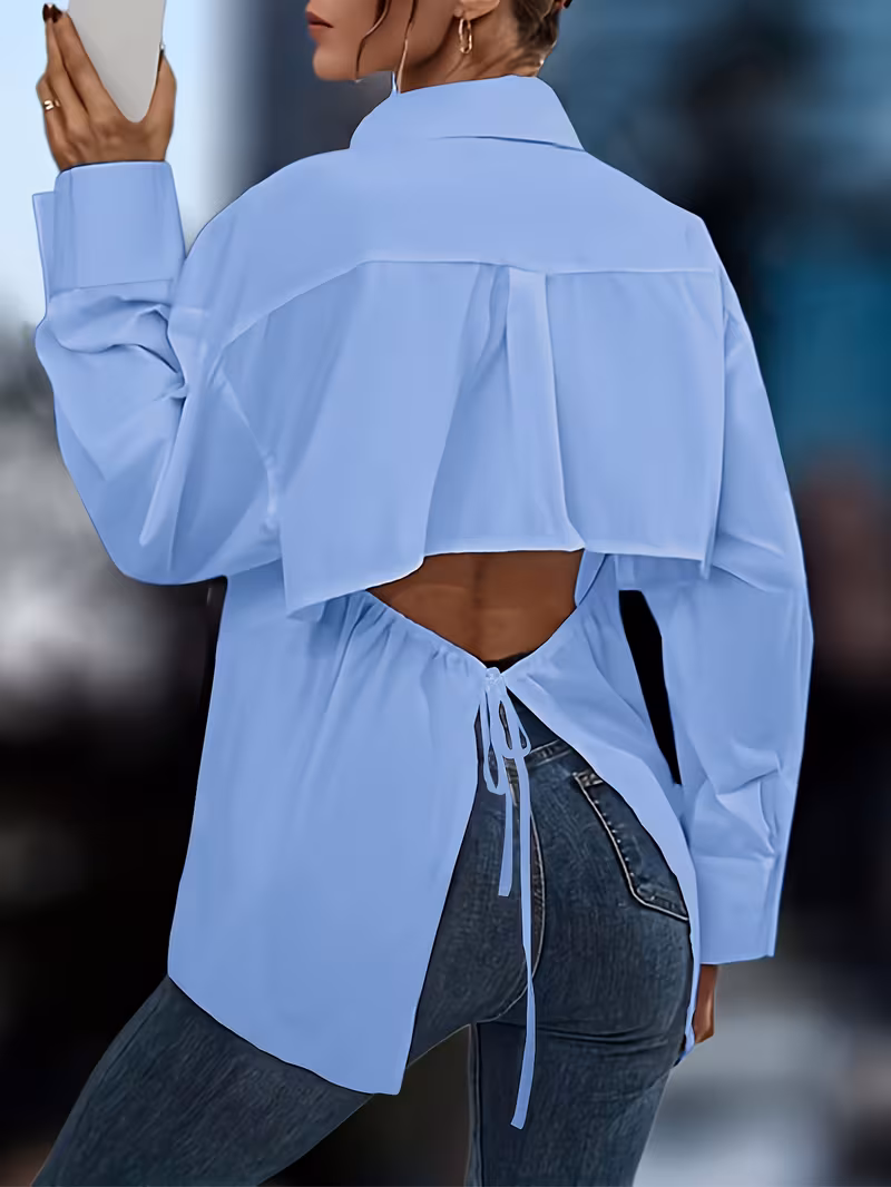 Chemise Élégante pour Femme à Dos Nu et à Manches Longues avec Nœud dans le Dos - Couleur Unie, Polyester, Lavable en Machine – Image 5