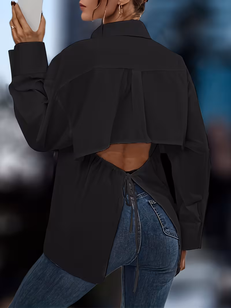Chemise Élégante pour Femme à Dos Nu et à Manches Longues avec Nœud dans le Dos - Couleur Unie, Polyester, Lavable en Machine – Image 6