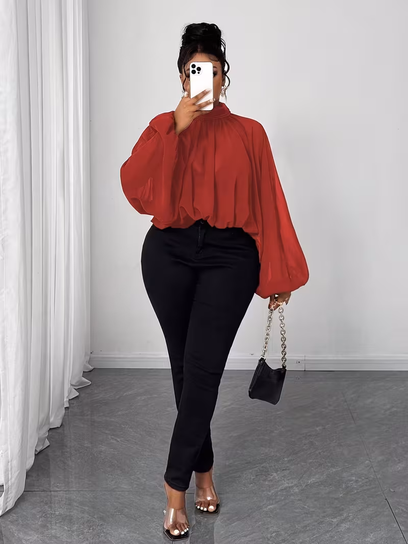 Grande Taille - Grande Taille - Grande Taille Femme Élégante Couleur Unie Col Montant Manches Lanternes Chemise Ample Crantée, Automne – Image 2