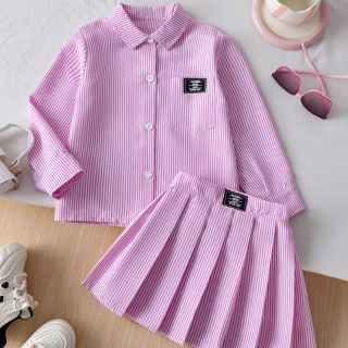 Ensemble 2 pièces pour fillette : haut chemise à revers à rayures et manches longues et jupe plissée courte décontractée de style preppy à taille élastique avec poche et décoration d'insigne, convient pour le printemps, l'été et l'automne