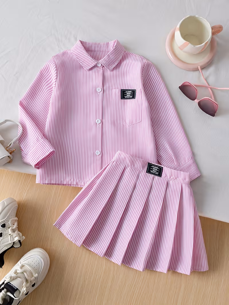Ensemble 2 pièces pour fillette : haut chemise à revers à rayures et manches longues et jupe plissée courte décontractée de style preppy à taille élastique avec poche et décoration d'insigne, convient pour le printemps, l'été et l'automne