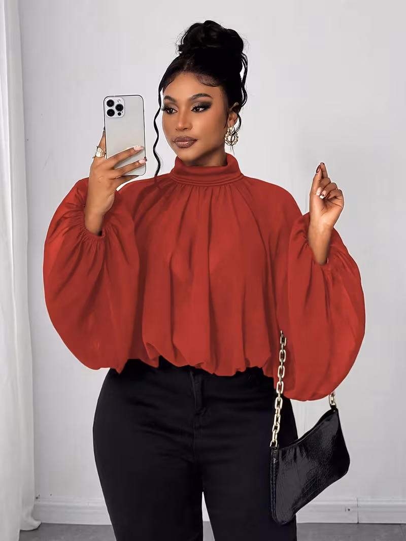 Grande Taille - Grande Taille - Grande Taille Femme Élégante Couleur Unie Col Montant Manches Lanternes Chemise Ample Crantée, Automne