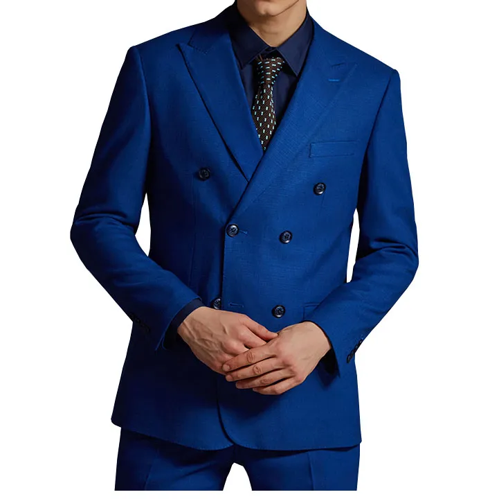 Costume de mariage haut de gamme sur mesure, deux pièces, bleu, croisé, coupe ajustée (veste + pantalon)